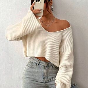 SHEIN Off-Shoulder Ribbed Sweater in Cream
